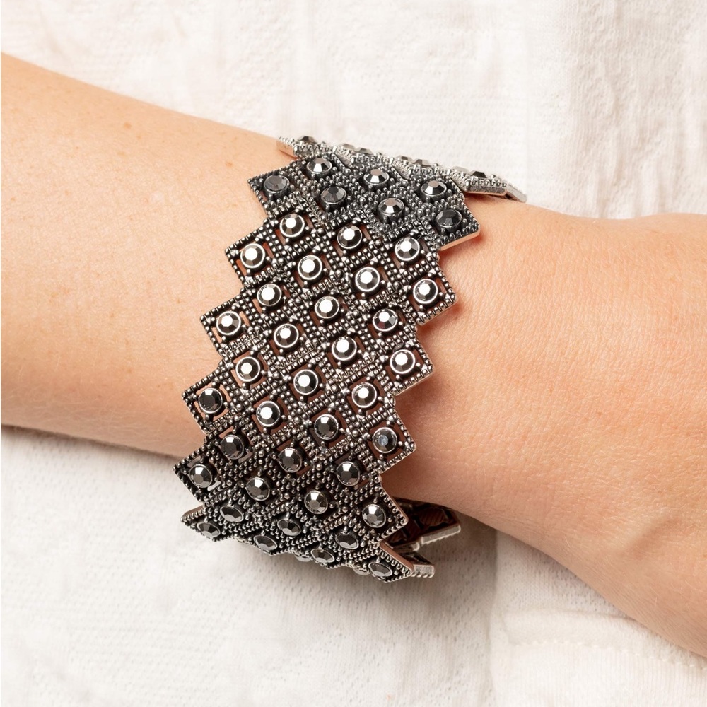 Silver Stretch Bracelet with Hematite Rhinestones - Picture 2 of 2